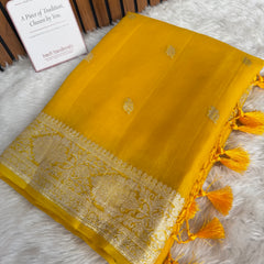 Yellow Lite Pure Khaddi Chiffon Handloom Saree with Real Silver Zari