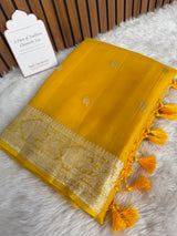 Yellow Lite Pure Khaddi Chiffon Handloom Saree with Real Silver Zari