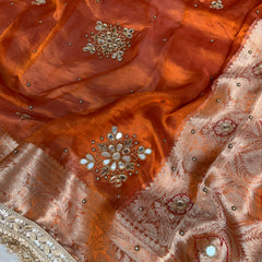 Metallic Orange Pure Tissue Silk Handcrafted Saree