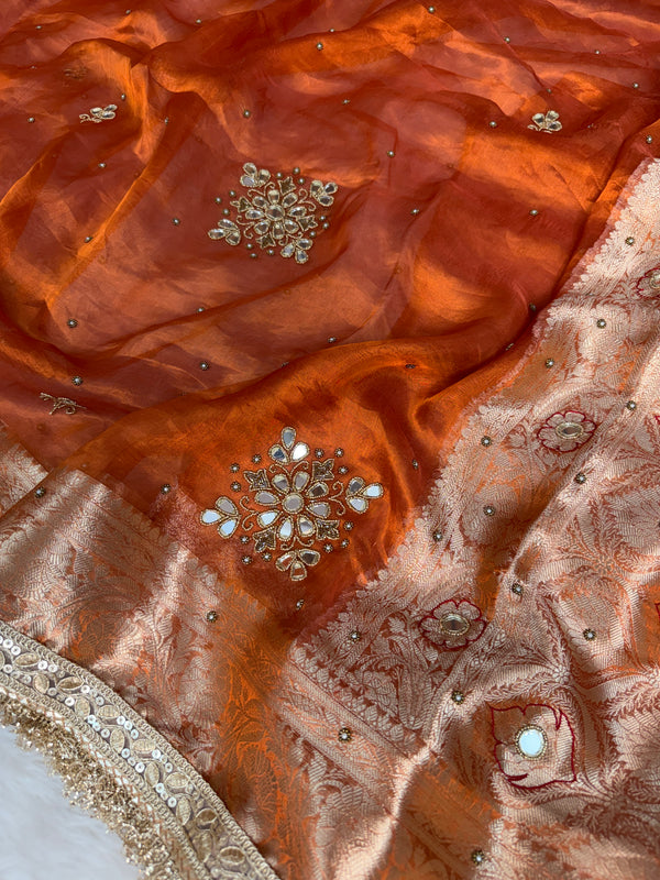 Metallic Orange Pure Tissue Silk Handcrafted Saree