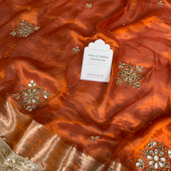 Metallic Orange Pure Tissue Silk Handcrafted Saree
