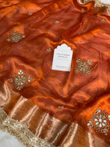 Metallic Orange Pure Tissue Silk Handcrafted Saree