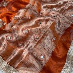 Metallic Orange Pure Tissue Silk Handcrafted Saree