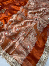 Metallic Orange Pure Tissue Silk Handcrafted Saree
