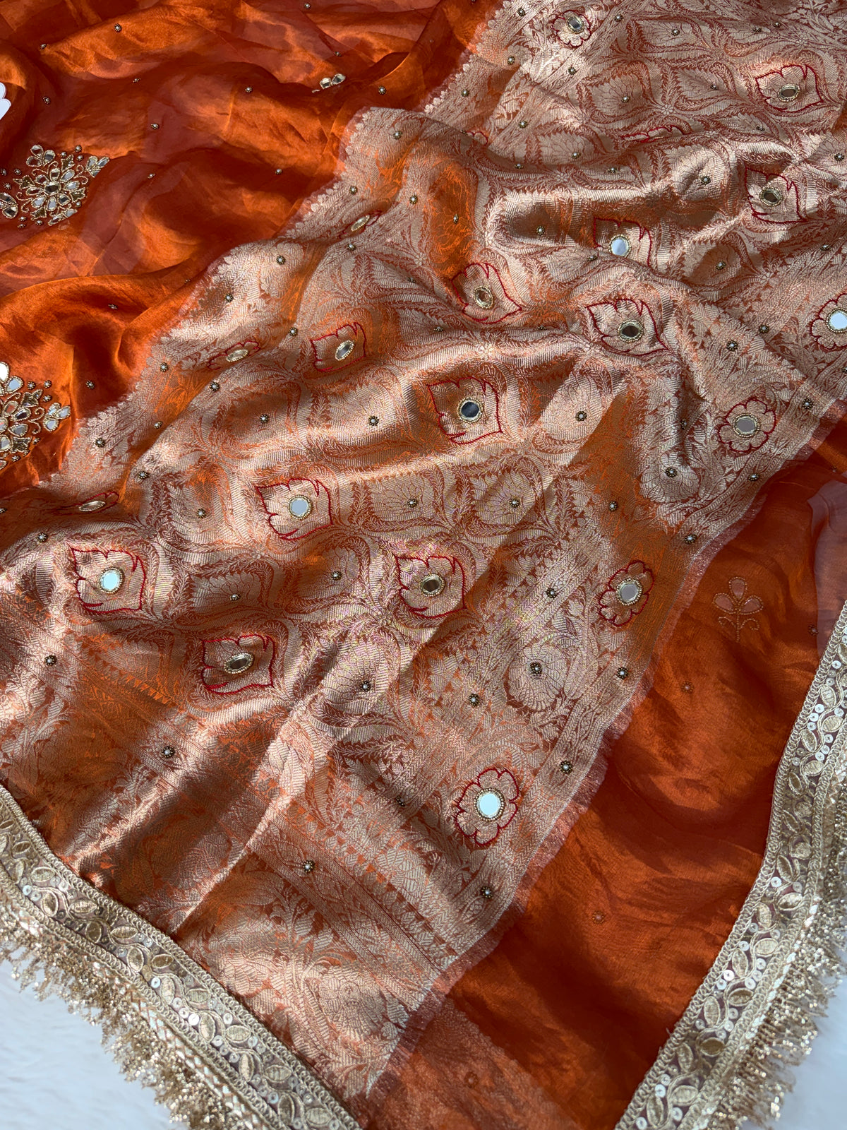 Metallic Orange Pure Tissue Silk Handcrafted Saree