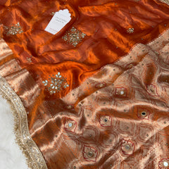 Metallic Orange Pure Tissue Silk Handcrafted Saree