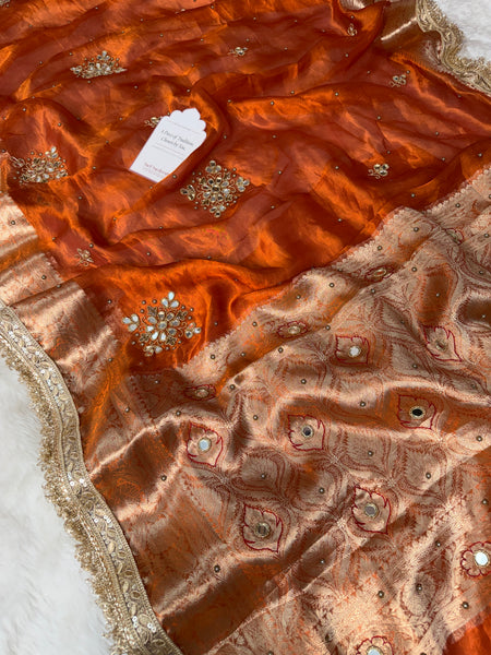 Metallic Orange Pure Tissue Silk Handcrafted Saree