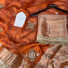 Metallic Orange Pure Tissue Silk Handcrafted Saree