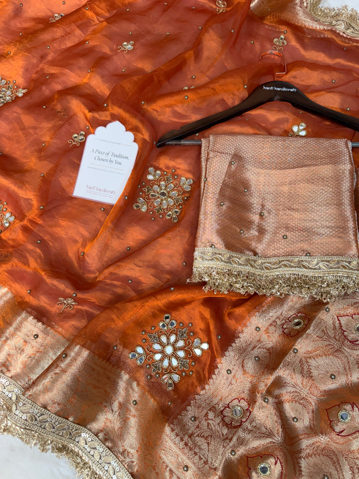 Metallic Orange Pure Tissue Silk Handcrafted Saree