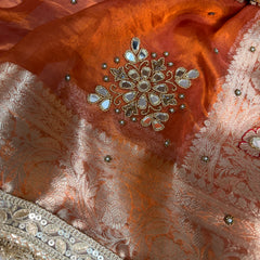 Metallic Orange Pure Tissue Silk Handcrafted Saree