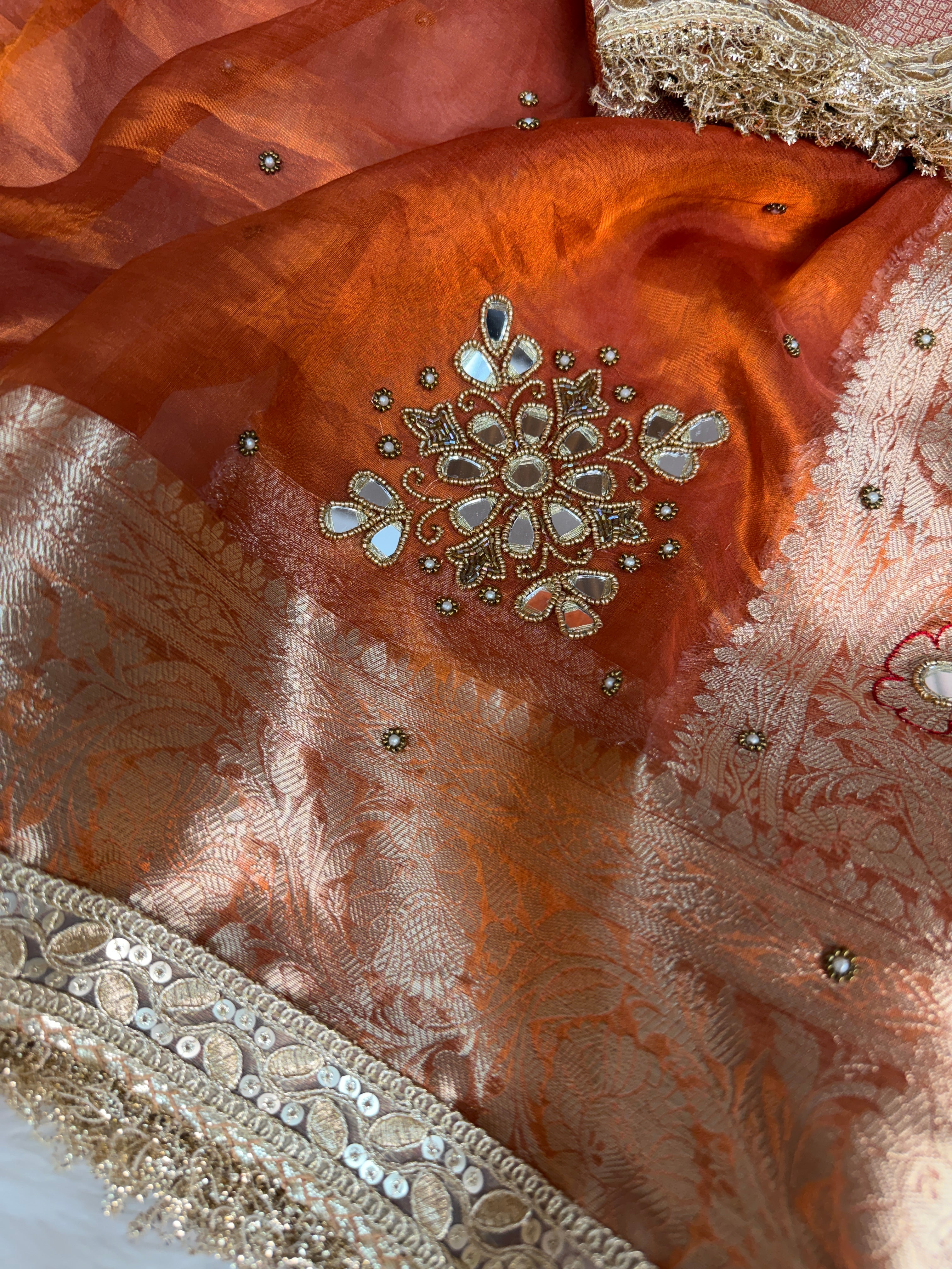 Metallic Orange Pure Tissue Silk Handcrafted Saree
