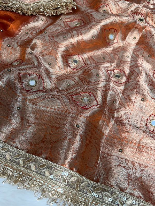 Metallic Orange Pure Tissue Silk Handcrafted Saree
