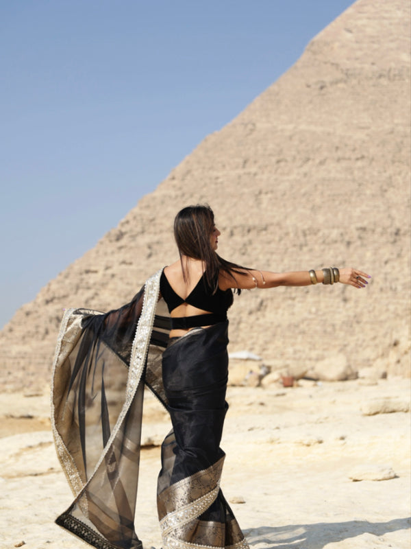 Pearl Black Banarasi Rajkumari Mirror Work Tissue Silk Saree