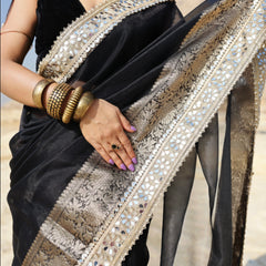 Pearl Black Banarasi Rajkumari Mirror Work Tissue Silk Saree