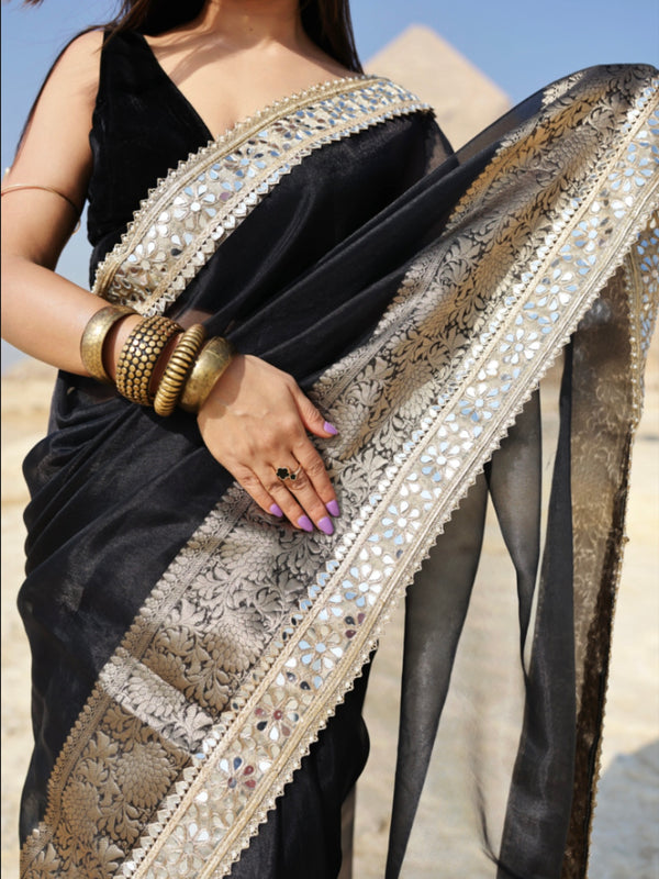 Pearl Black Banarasi Rajkumari Mirror Work Tissue Silk Saree