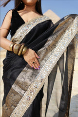 Pearl Black Banarasi Rajkumari Mirror Work Tissue Silk Saree