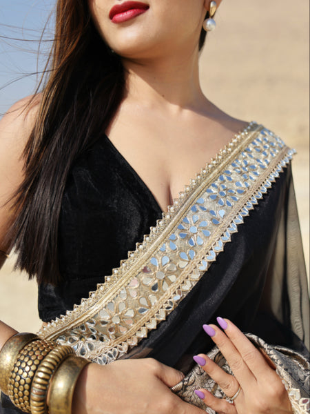 Pearl Black Banarasi Rajkumari Mirror Work Tissue Silk Saree