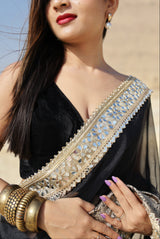 Pearl Black Banarasi Rajkumari Mirror Work Tissue Silk Saree