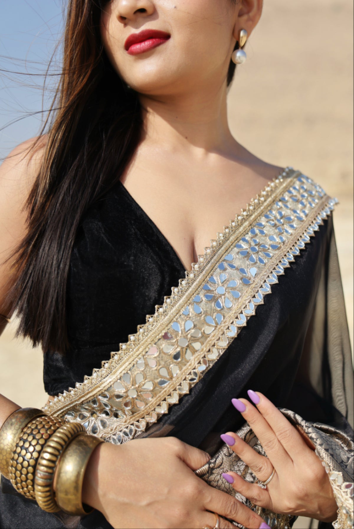 Pearl Black Banarasi Rajkumari Mirror Work Tissue Silk Saree