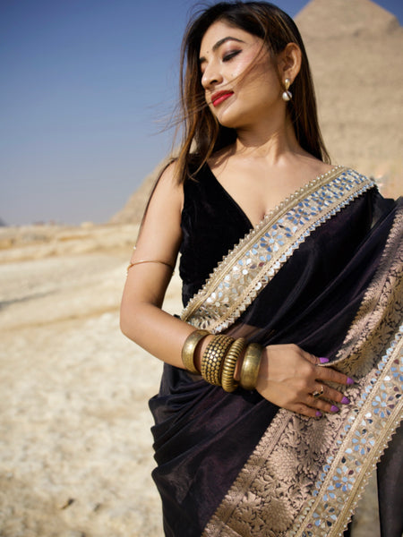 Pearl Black Banarasi Rajkumari Mirror Work Tissue Silk Saree