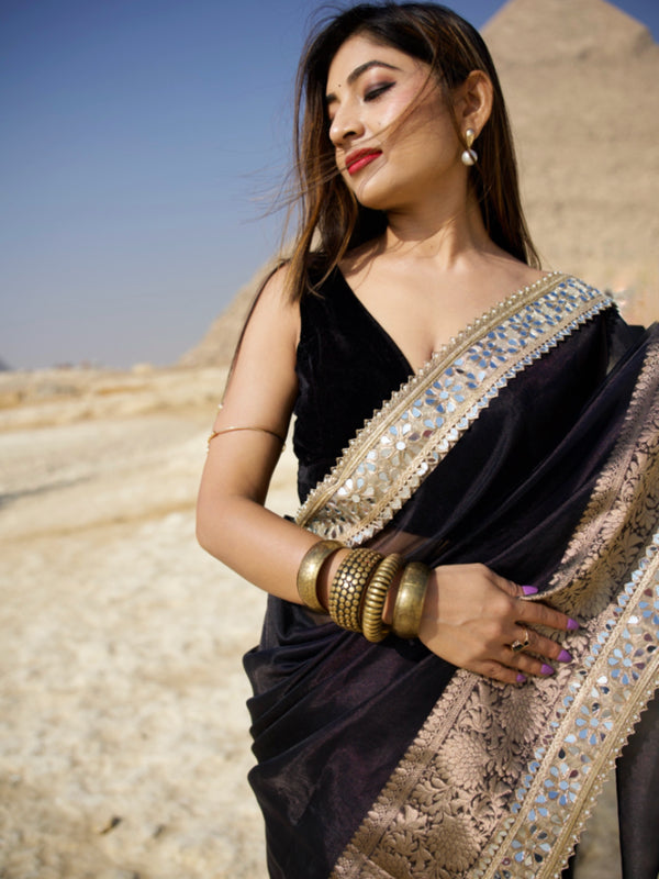 Pearl Black Banarasi Rajkumari Mirror Work Tissue Silk Saree