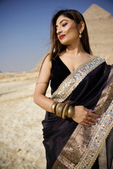 Pearl Black Banarasi Rajkumari Mirror Work Tissue Silk Saree