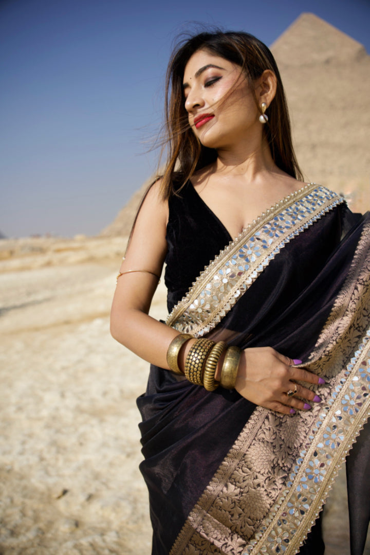 Pearl Black Banarasi Rajkumari Mirror Work Tissue Silk Saree