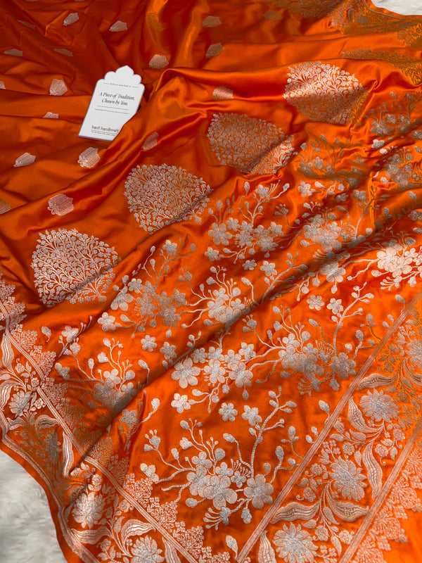 Saffron Orange Rangmahal Sona-Rupa Banarasi Mashru Silk Saree