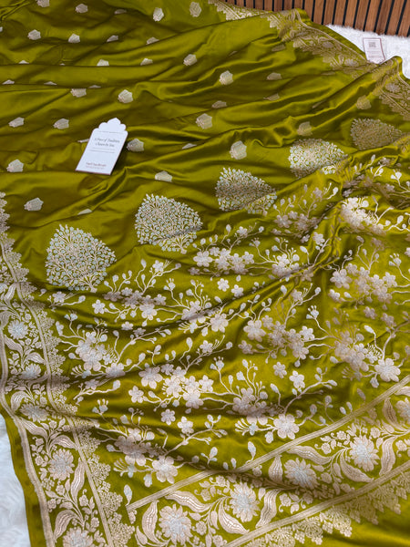 Olive Green Rangmahal Sona-Rupa Banarasi Mashru Silk Saree