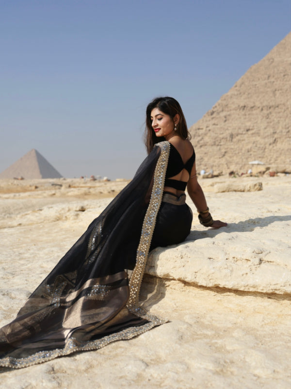 Pearl Black Banarasi Rajkumari Mirror Work Tissue Silk Saree