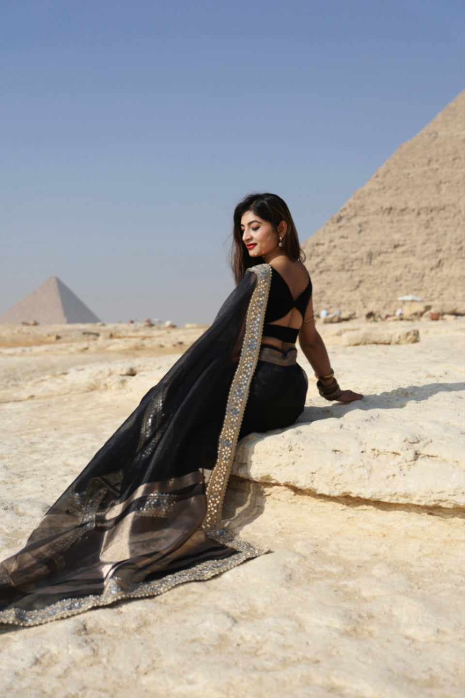 Pearl Black Banarasi Rajkumari Mirror Work Tissue Silk Saree
