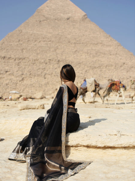 Pearl Black Banarasi Rajkumari Mirror Work Tissue Silk Saree