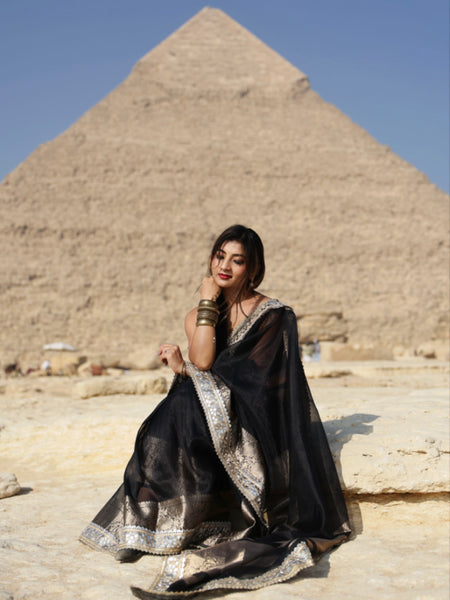 Pearl Black Banarasi Rajkumari Mirror Work Tissue Silk Saree