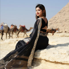 Pearl Black Banarasi Rajkumari Mirror Work Tissue Silk Saree