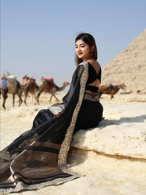 Pearl Black Banarasi Rajkumari Mirror Work Tissue Silk Saree