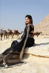 Pearl Black Banarasi Rajkumari Mirror Work Tissue Silk Saree