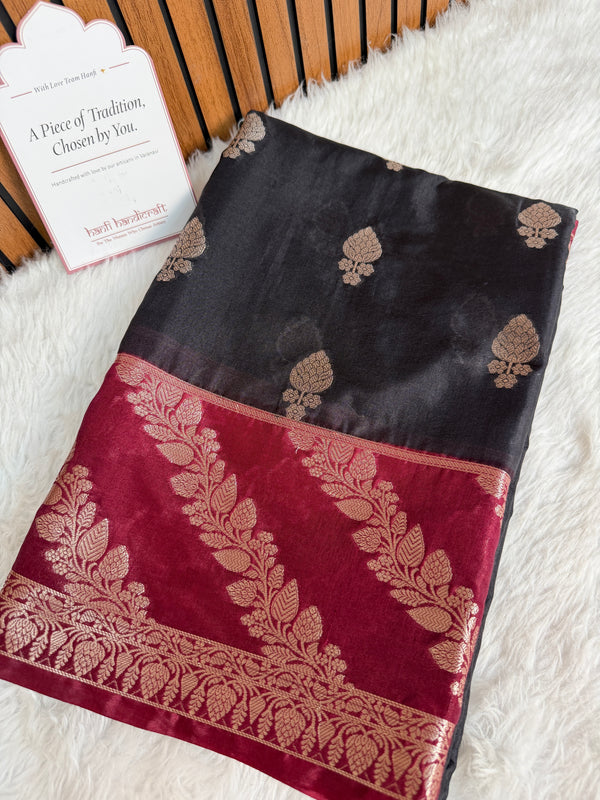 Black with Wine Maroon Rangika Banarasi Butter Silk Saree