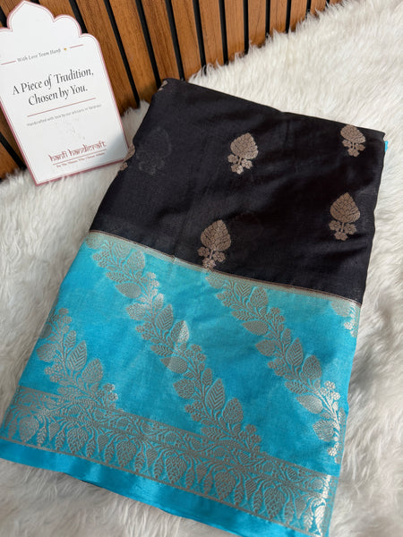 Black with Turquoise Blue Rangika Banarasi Butter Silk Saree