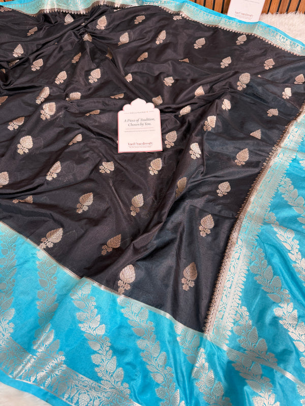 Black with Turquoise Blue Rangika Banarasi Butter Silk Saree