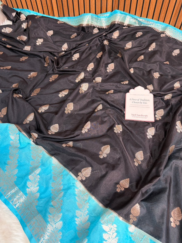 Black with Turquoise Blue Rangika Banarasi Butter Silk Saree