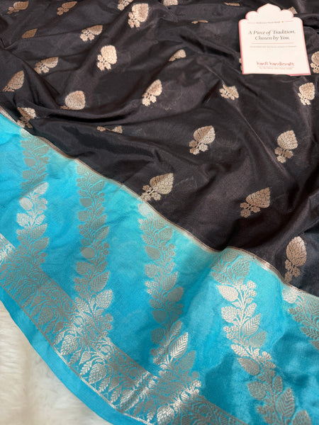 Black with Turquoise Blue Rangika Banarasi Butter Silk Saree