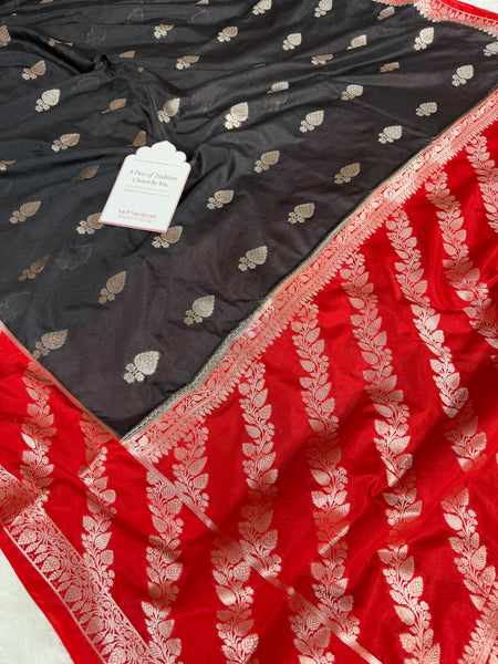 Black with Crimson Red Rangika Banarasi Butter Silk Saree