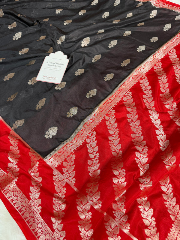 Black with Crimson Red Rangika Banarasi Butter Silk Saree