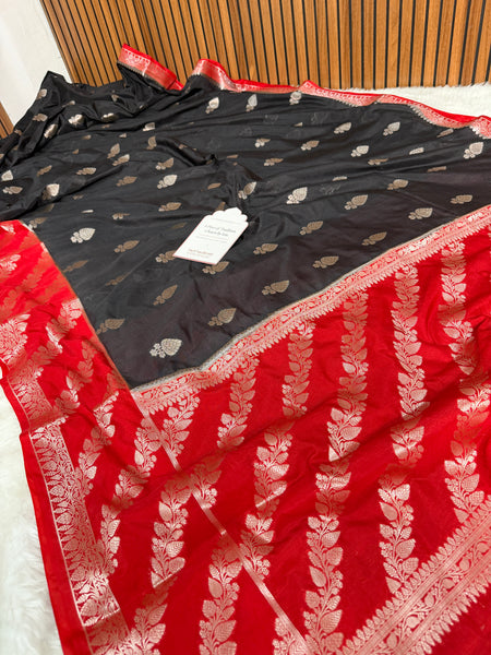Black with Crimson Red Rangika Banarasi Butter Silk Saree