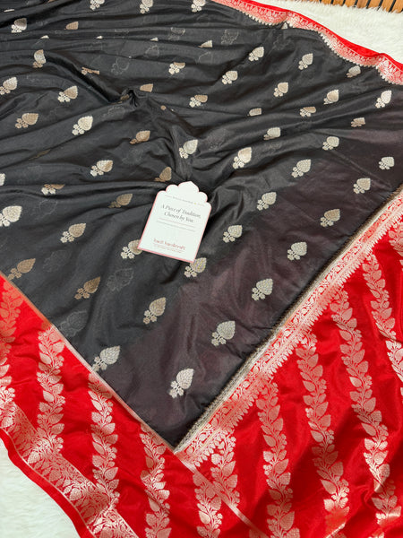 Black with Crimson Red Rangika Banarasi Butter Silk Saree