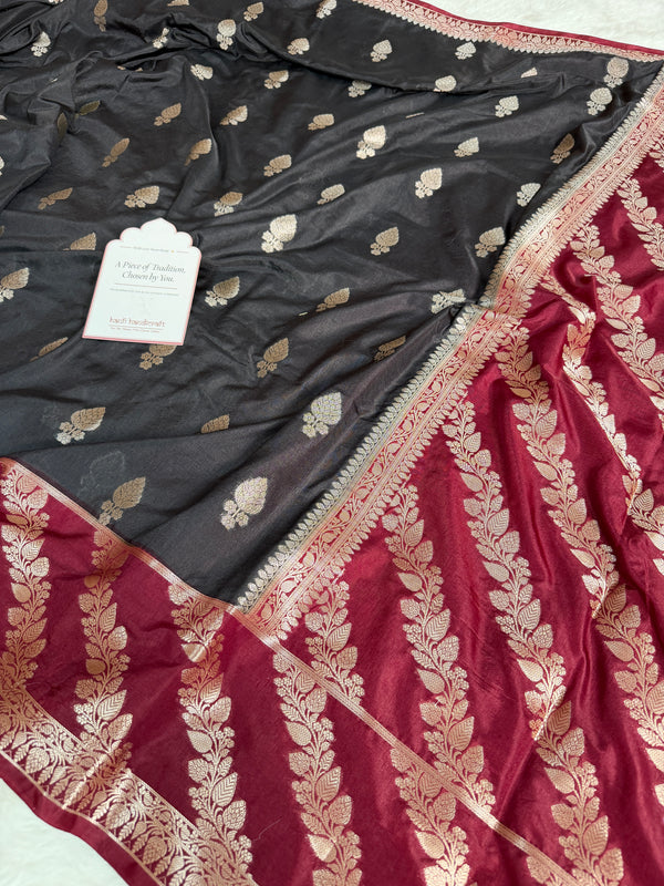 Black with Wine Maroon Rangika Banarasi Butter Silk Saree