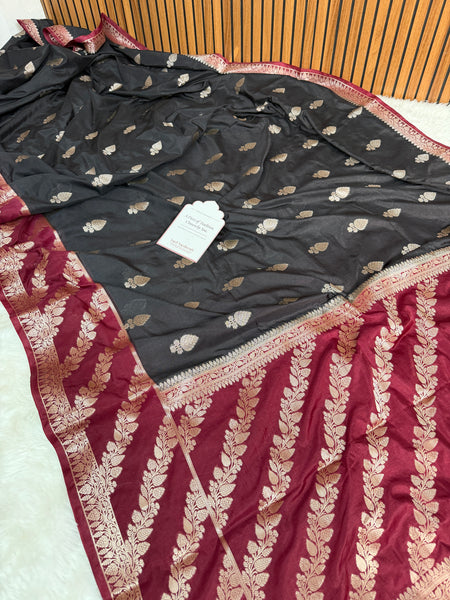 Black with Wine Maroon Rangika Banarasi Butter Silk Saree