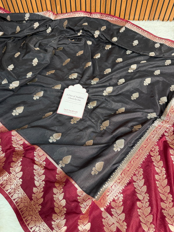 Black with Wine Maroon Rangika Banarasi Butter Silk Saree