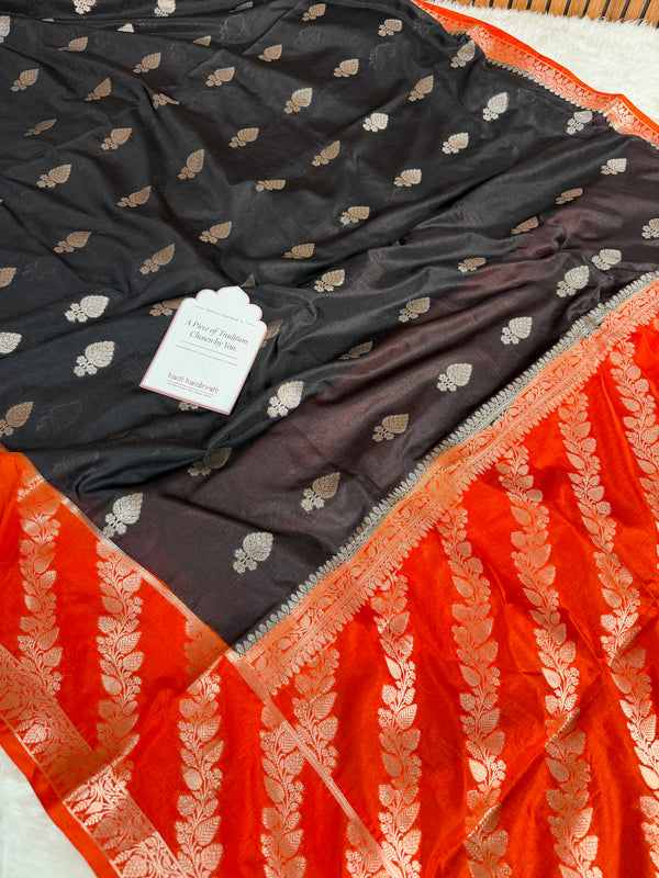 Black with Sunset Orange Rangika Banarasi Butter Silk Saree