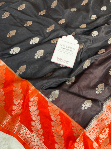 Black with Sunset Orange Rangika Banarasi Butter Silk Saree